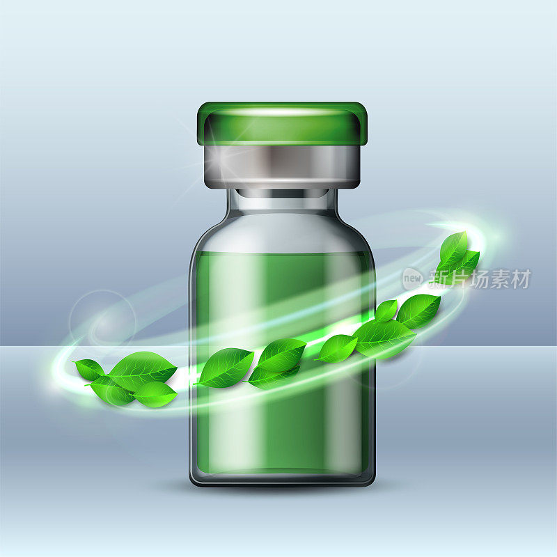 Whirlwind of green leaves swirls around Transparent glass ampule with vaccine or drug for medical treatment.
